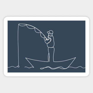 The man is fishing from the boat. Sticker